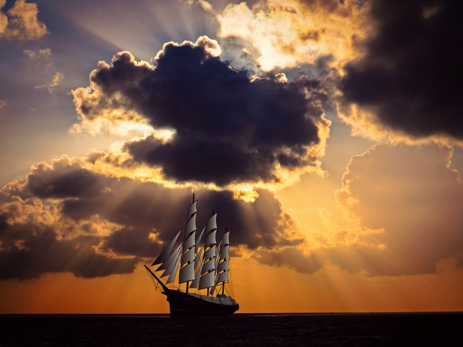 Рассвет море корабль