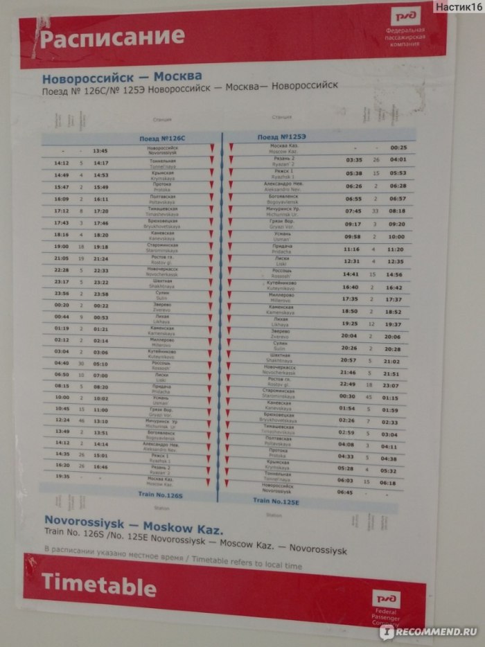 Расписание Москва Новороссийск