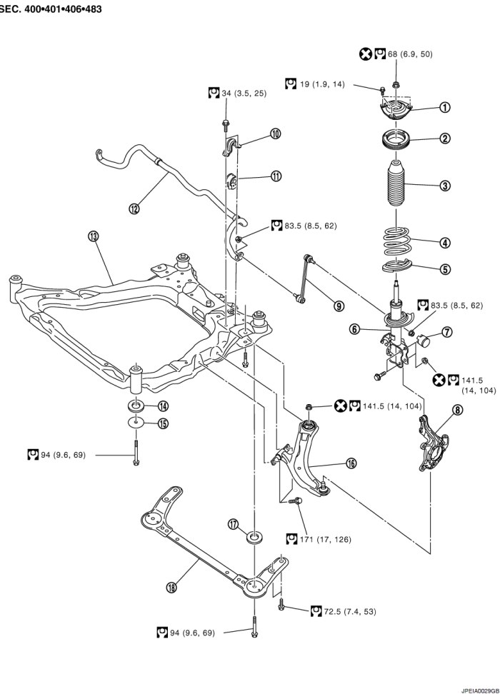 Схема передней подвески Nissan Qashqai j10