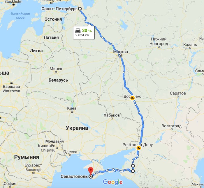 Маршрут поезда Санкт-Петербург Севастополь на карте