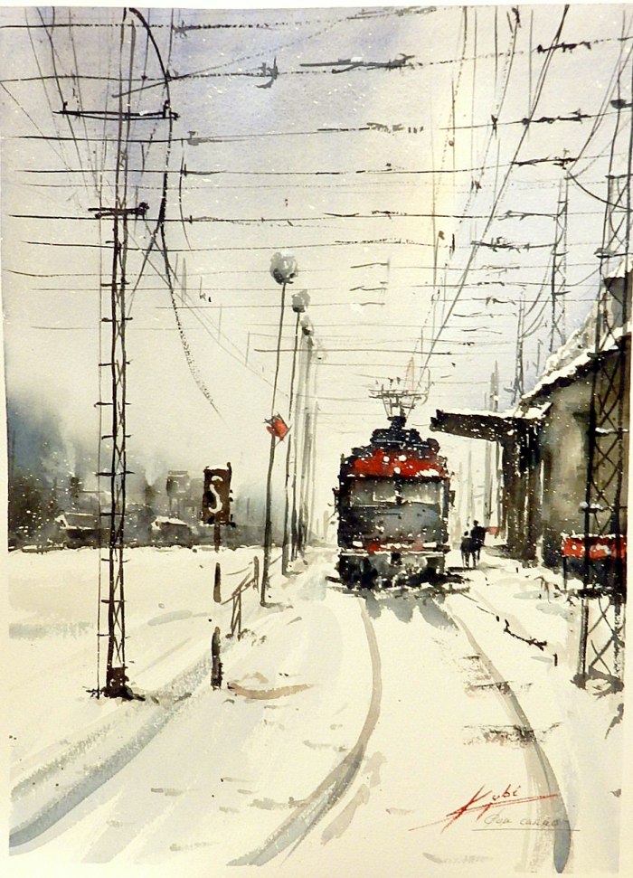 Железная дорога акварель