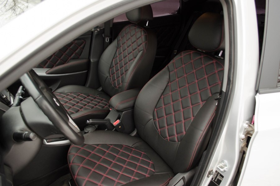Авточехлы Hyundai Accent II "двойной ромб" экокожа, черно-синий